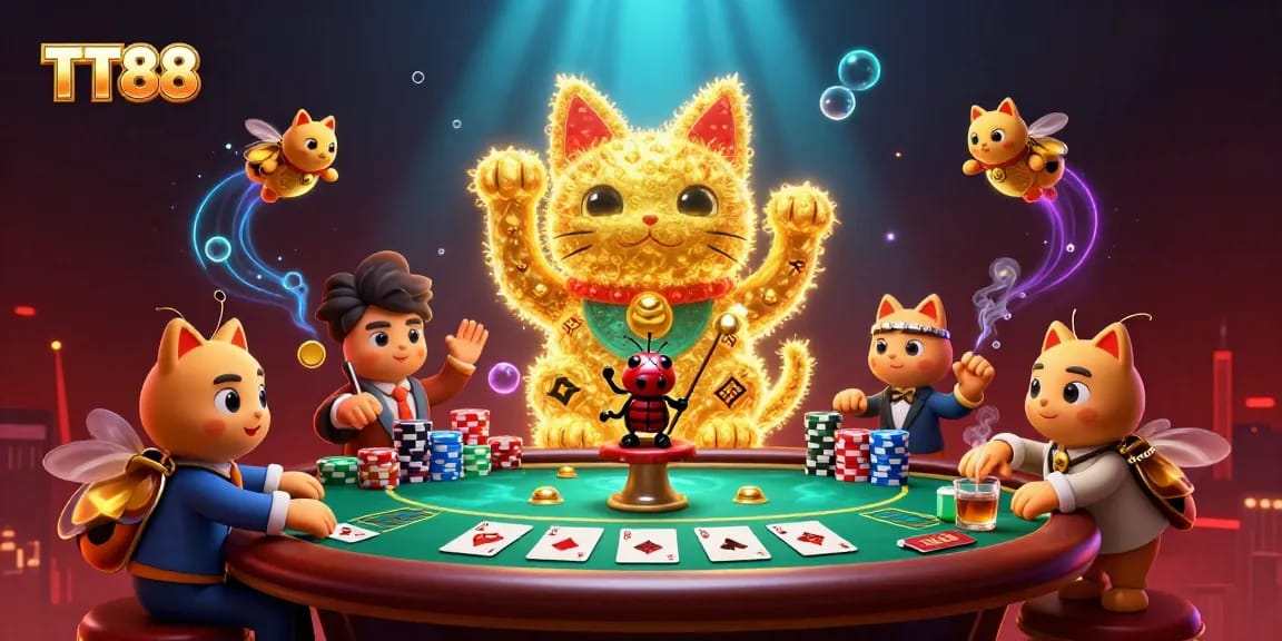Experience TT88's vibrant casino magic with a glowing lucky cat and dynamic poker scene.
