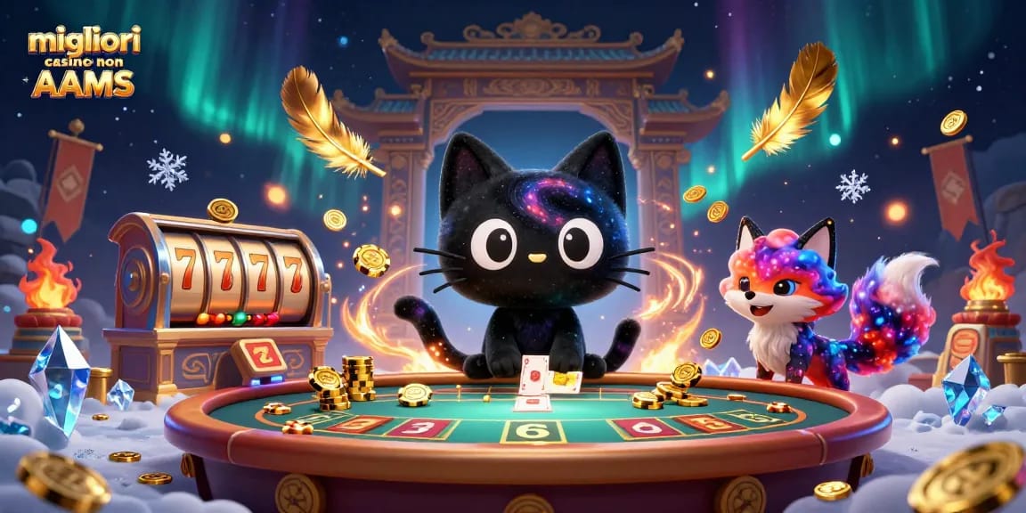 Gioca ai migliori casino non AAMS con il gatto buco nero e la volpe nebula in un'illustrazione ricca di dettagli.