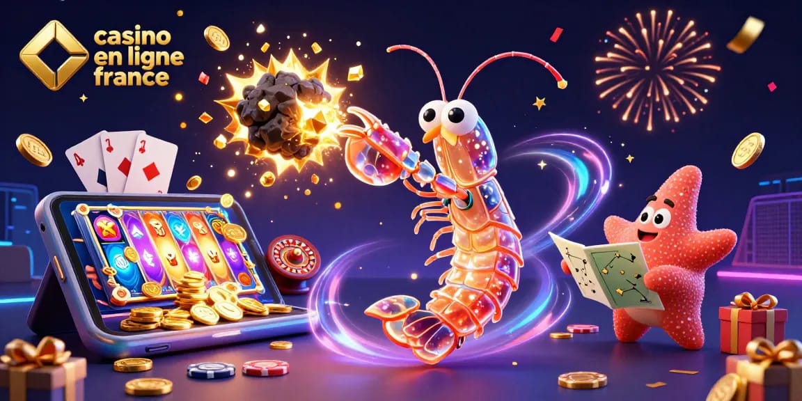 Un samouraï mante en armure éclatante dans un casino en ligne France, frappant un astéroïde explosant des gemmes dorées.
