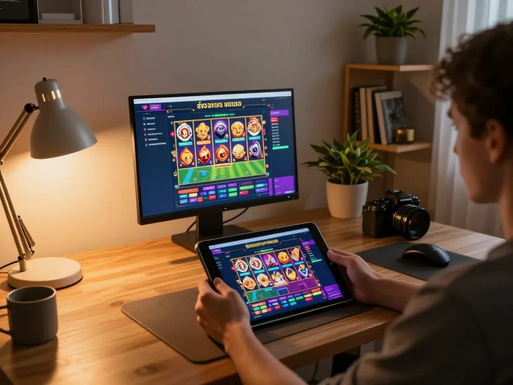 Engaging สล็อตทดลอง session on a tablet in a cozy home environment, highlighting online gaming.