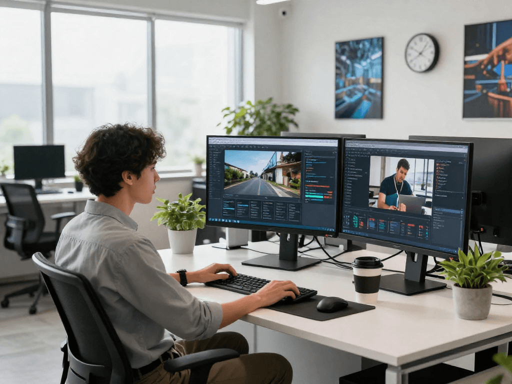 AI image detector interface displayed on multiple screens in a modern content moderation workspace.