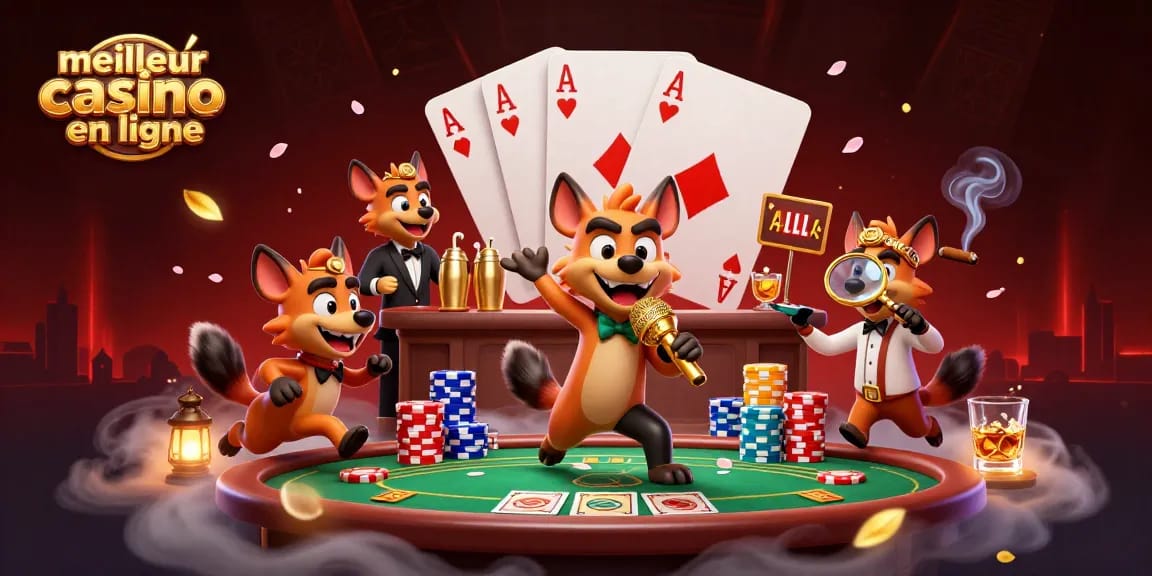 Jouez au meilleur casino en ligne avec des hyènes animées s'amusant autour d'une table de poker.