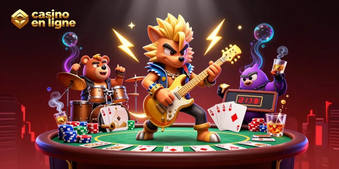 Casino en ligne animé avec un loup rockeur et des éléments de poker, vibrant d'énergie.