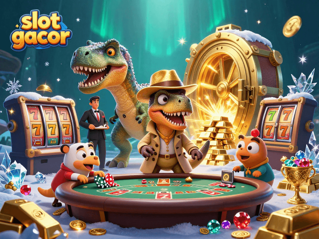 Experience the excitement of slot gacor with a cartoon velociraptor card counter at a blackjack table, surrounded by treasures.