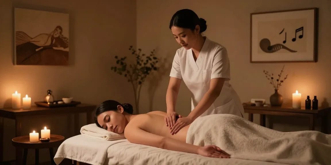 Massage therapist providing a calming 마사지 experience in serene spa room with soft lighting.