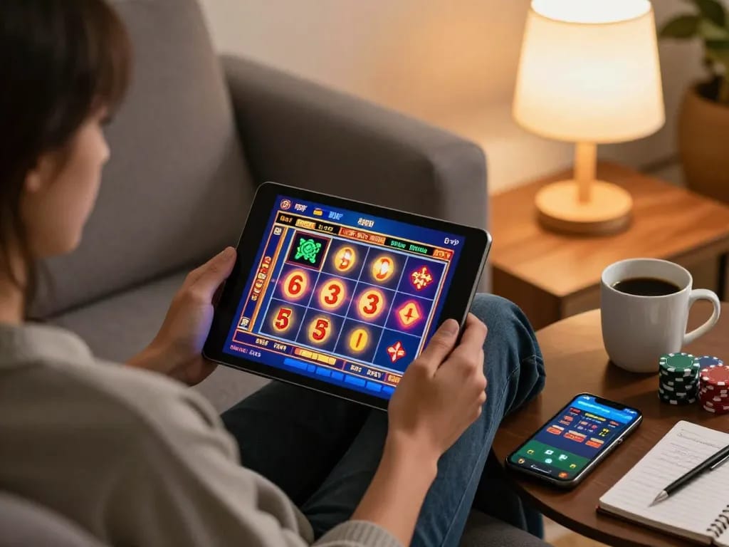 Engaging online gambling experience featuring jae888 on a tablet within a cozy home setting