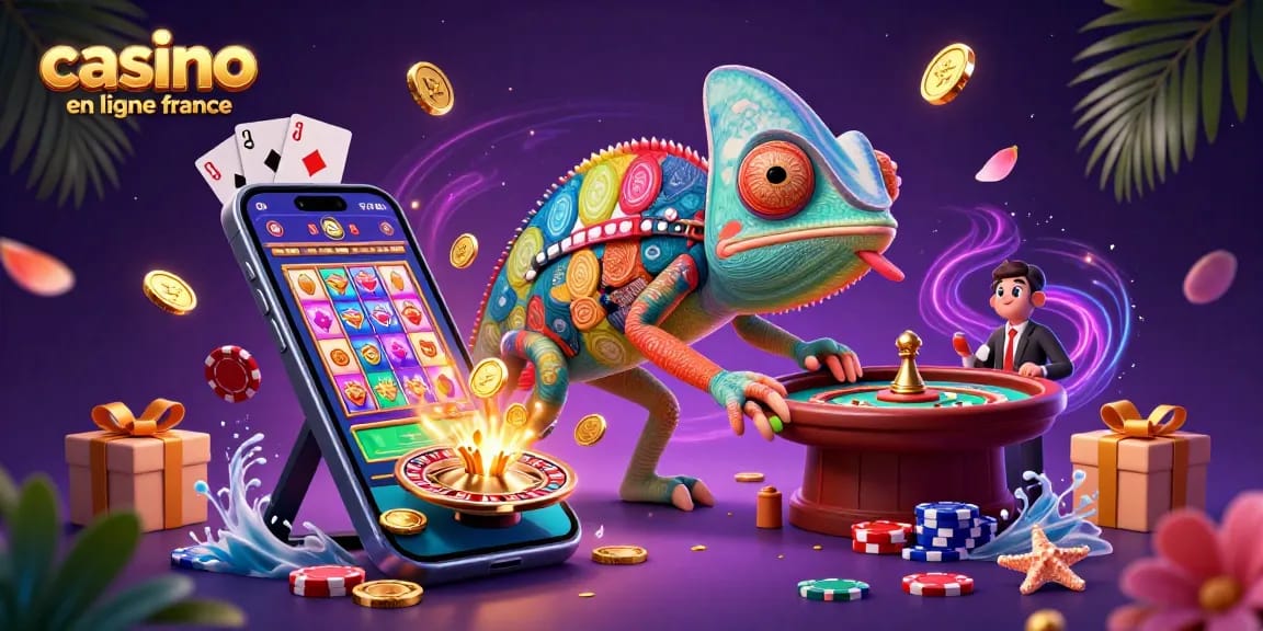 Jouez à un casino en ligne en France avec un caméléon aux couleurs de jetons, jeux et gains exceptionnels.