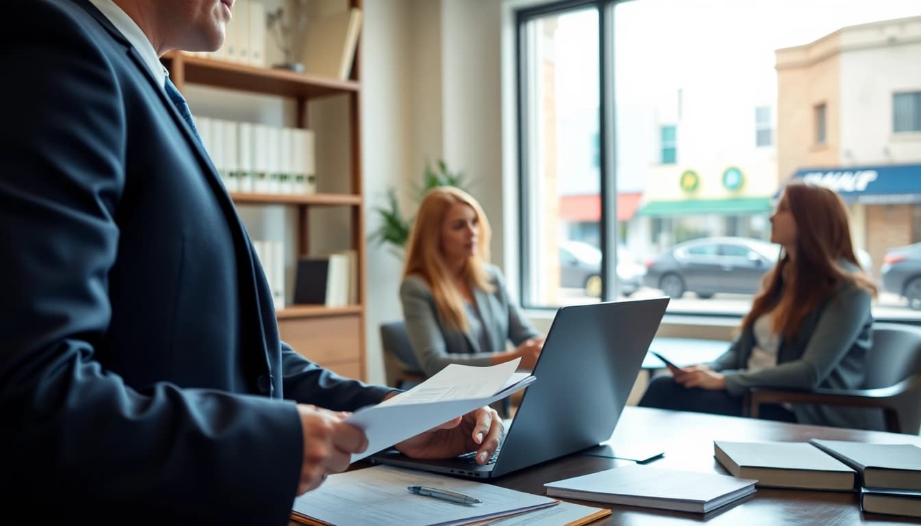 Trustworthy truck accident attorney Clearwater consulting clients in a modern legal office.