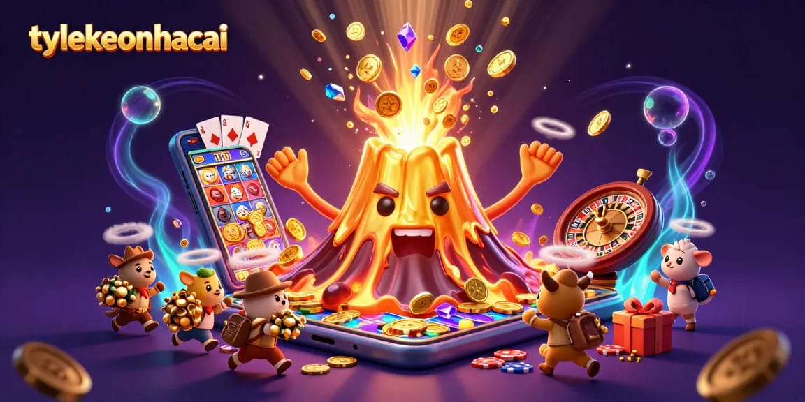Experience thrilling action with tylekeonhacai as the golden volcano erupts with treasure in this vibrant scene.