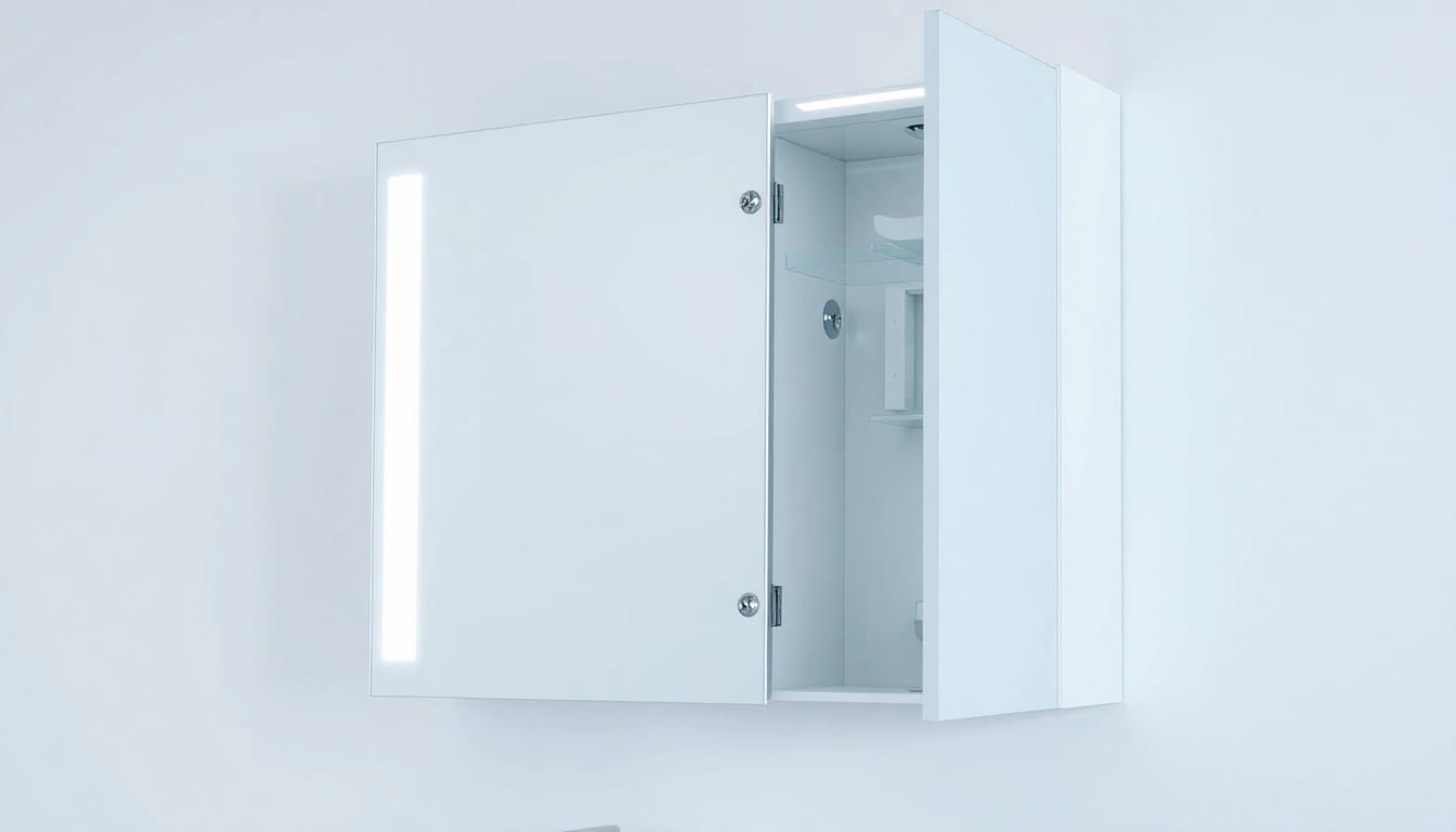 Spiegelschrank mit LED Beleuchtung in modernem Badezimmer mit stilvollem Design und praktischem Stauraum.