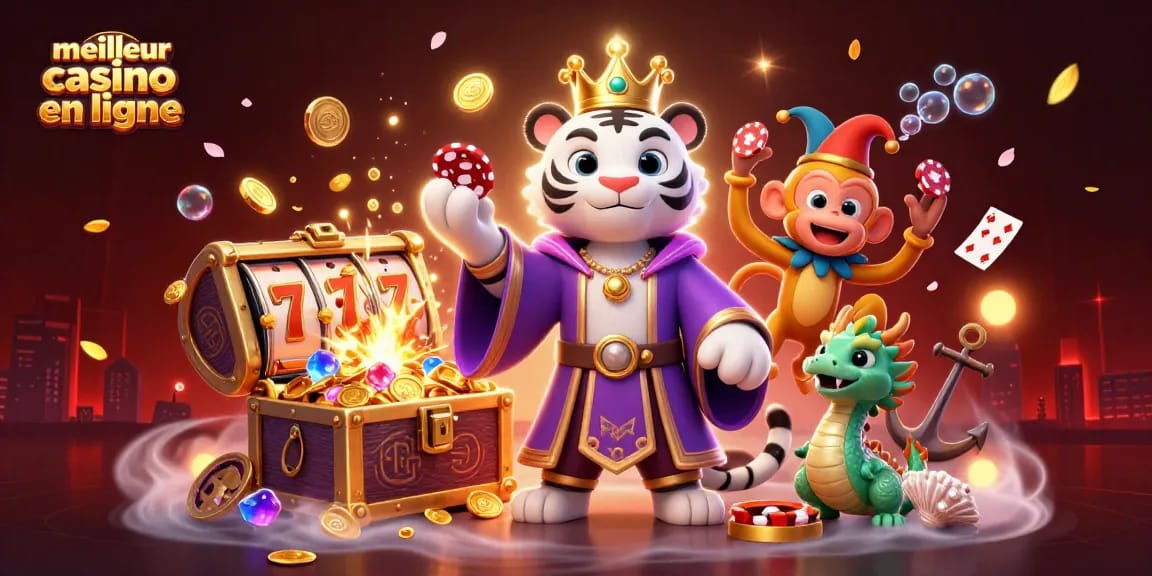 Jouez au meilleur casino en ligne avec une illustration dynamique comprenant un tigre, un singe et un dragon.