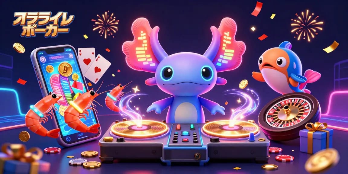 オンラインポーカーを楽しむシーン、ネオンアクソロトルDJと仲間たちが魅力的な演出で描かれたイラスト