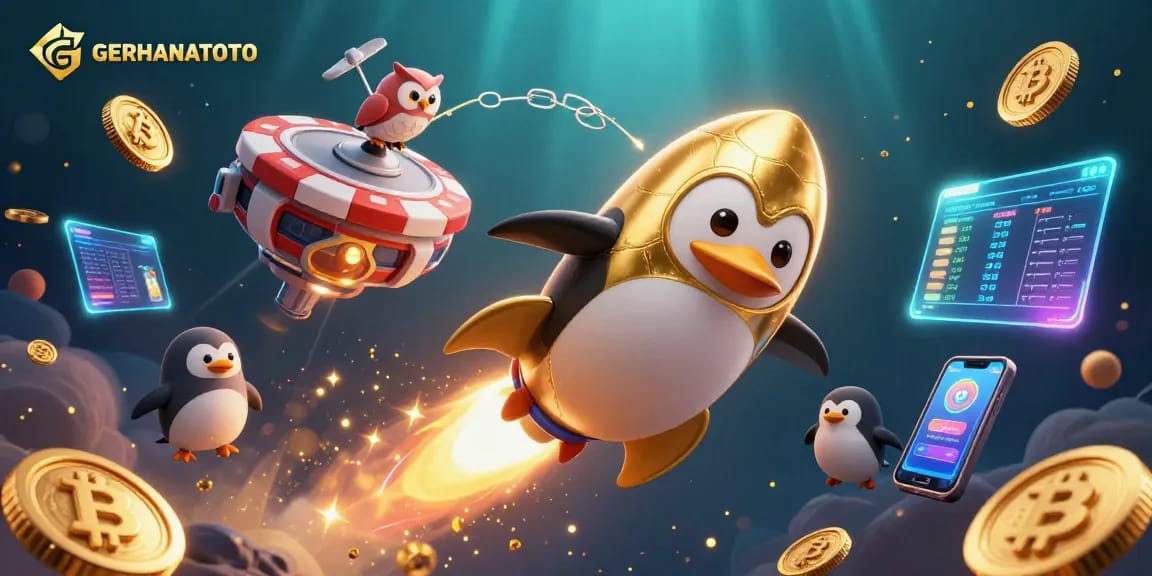 GERHANATOTO memberikan pengalaman bermain kasino intergalaksi dengan penguin emas dan chip poker raksasa.
