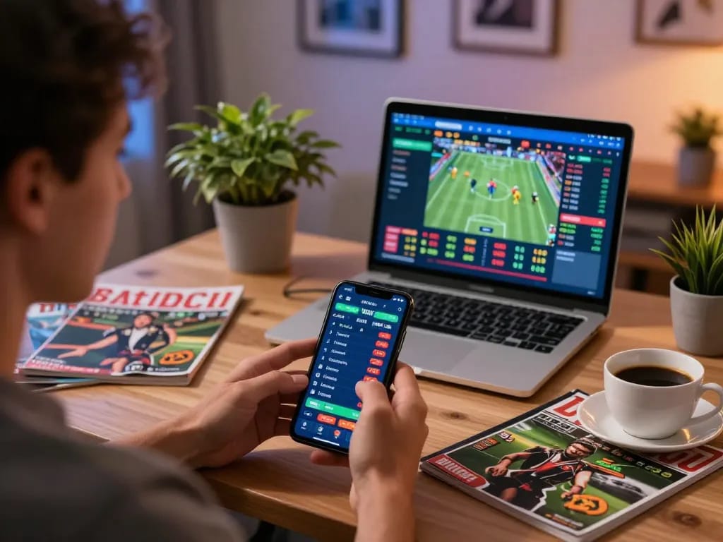 TR88 user placing sports bets through a smartphone, showcasing exciting gambling action in a cozy home setting.