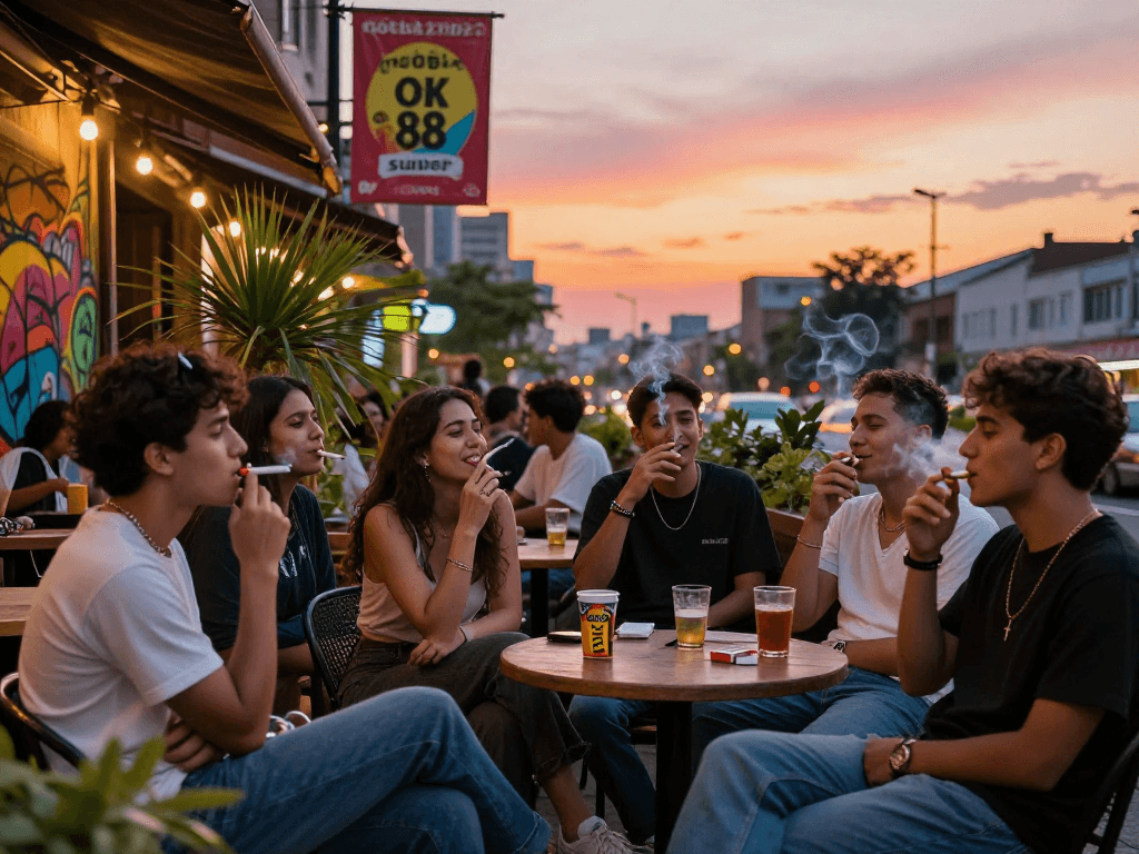 Friends enjoying rokok88 super cigarettes in a vibrant urban café setting at sunset.