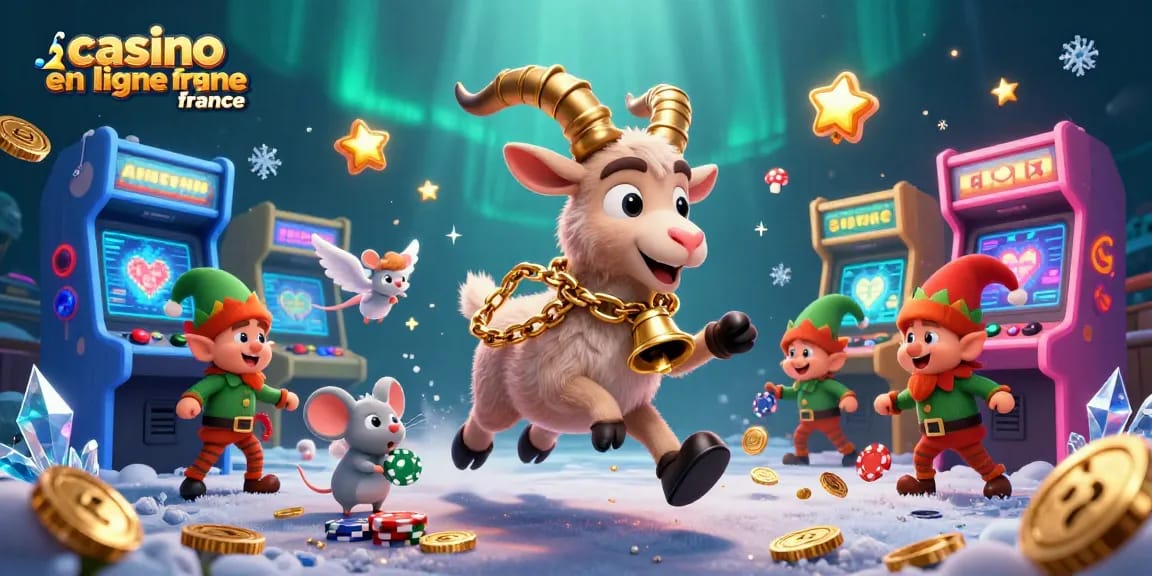 Illustration dynamique de casino en ligne France avec Krampus et des gremlins volants.