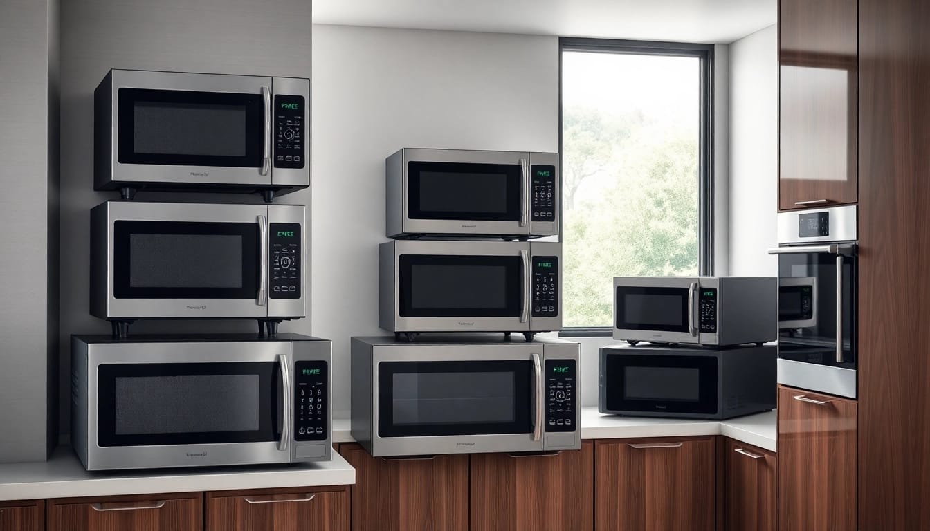 Showcasing Microwave Oven Sales with various models in a bright modern kitchen setting.