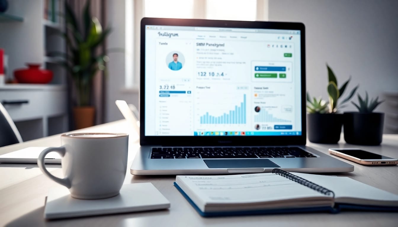 Engaging workspace showcasing an Instagram smm panel on a laptop, emphasizing digital marketing.