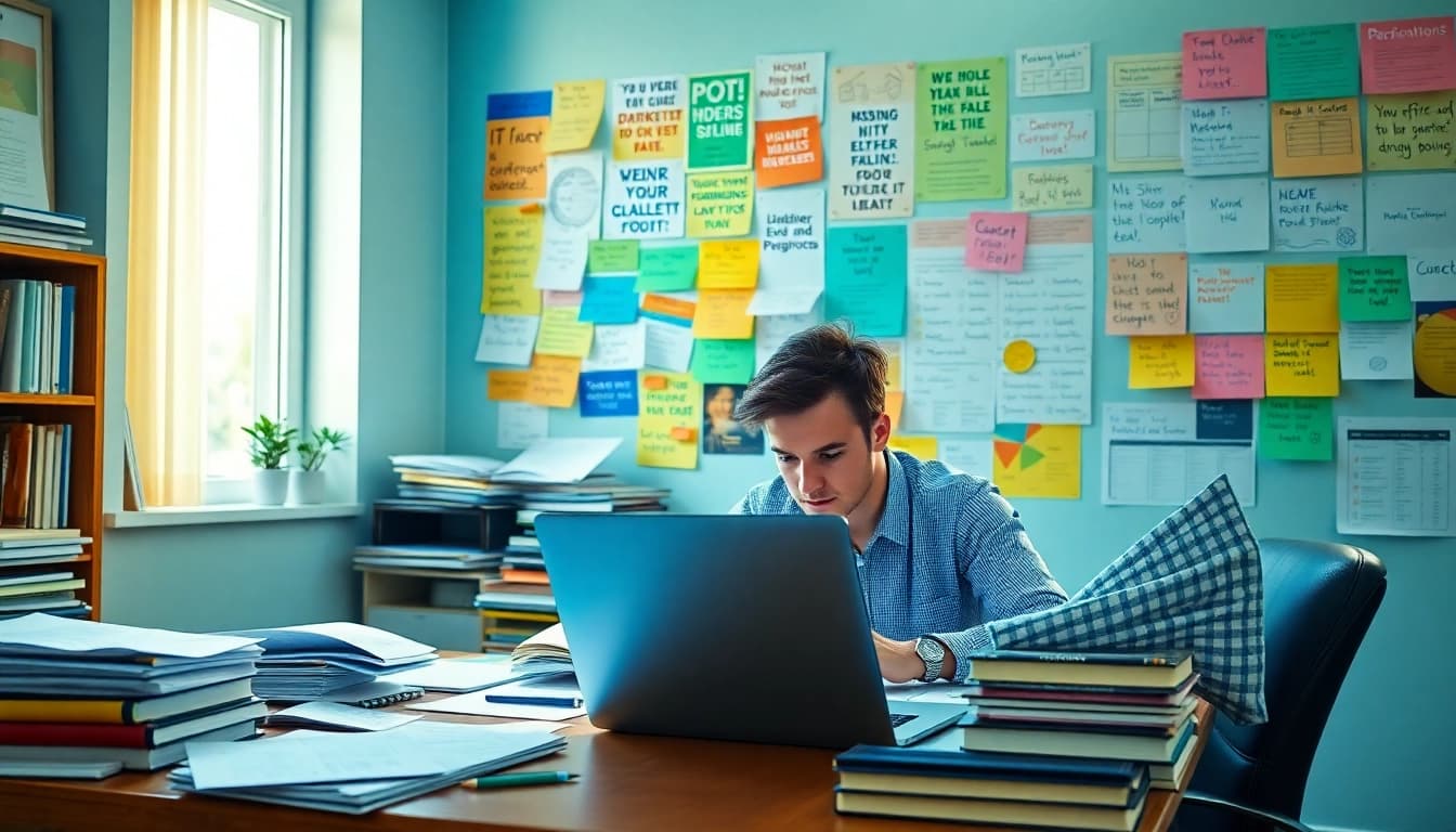 Focused student studying with materials to pass IT certification exams on a desk.