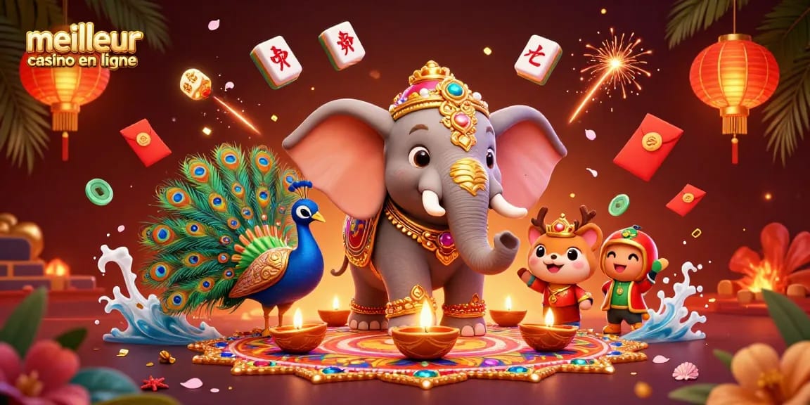 Jouer au meilleur casino en ligne avec une illustration riche d'éléphants et de lumières.