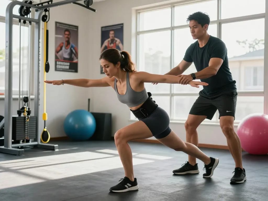 Athletic woman using a hip brace for hypermobility during an exercise in a bright gym setting.