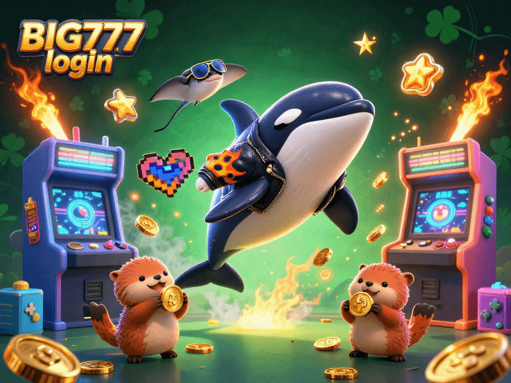 Catch the excitement with BIG777 login - an action-packed casino scene featuring an orca and otters!