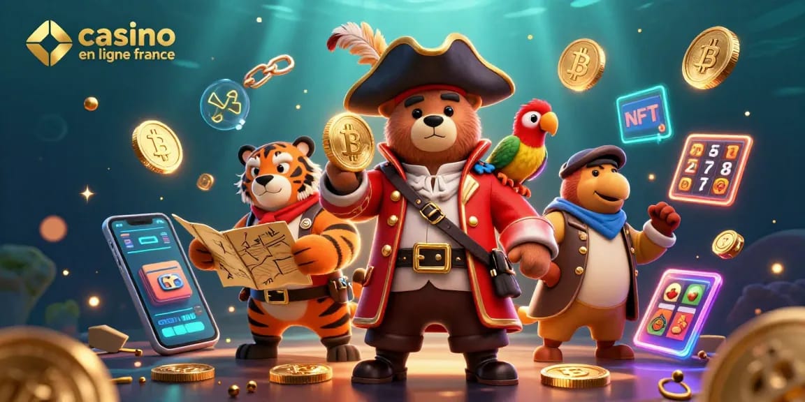 Illustration 3D captivante mettant en scène un ours pirate et un tigre, promouvant le casino en ligne France.