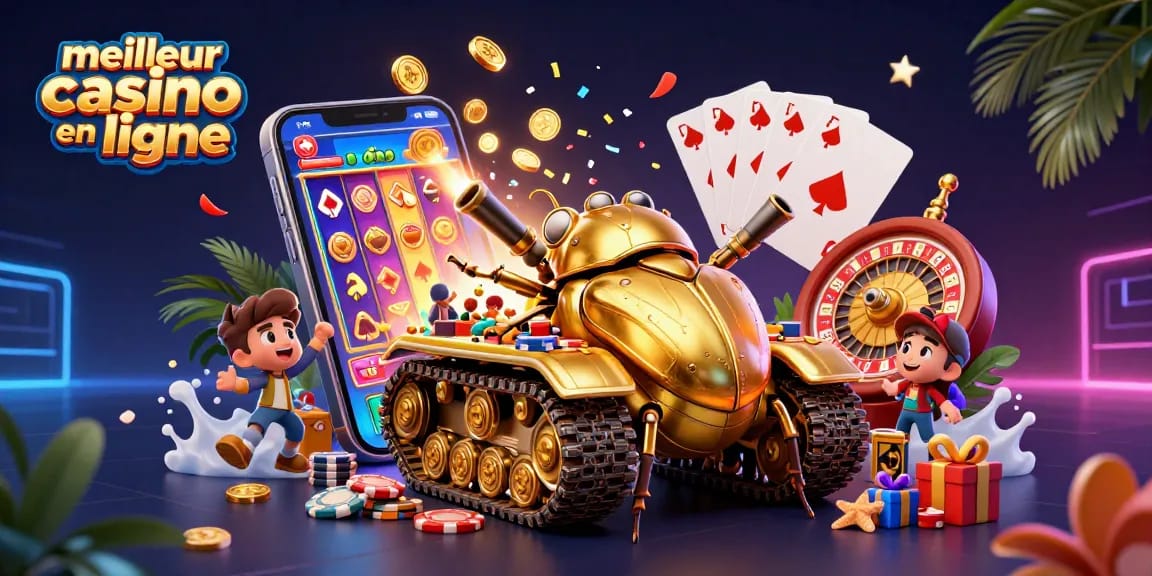 Illustration d'un meilleur casino en ligne avec un tank doré, des jeux et des jetons de poker.