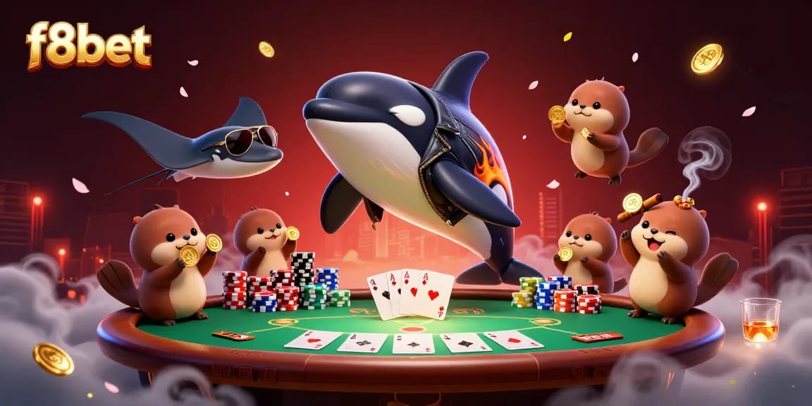 Engage with f8bet at this vibrant online casino scene featuring a playful orca, stingray, and otters enjoying a poker game.