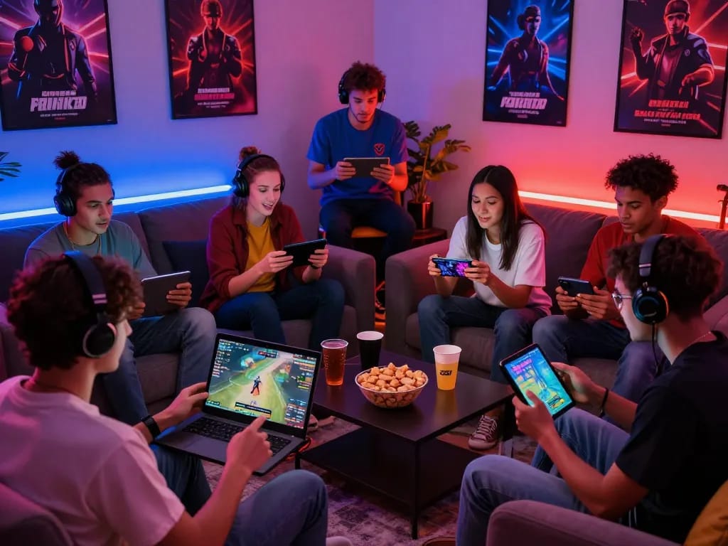 Engaging group playing porno games in a vibrant gaming lounge