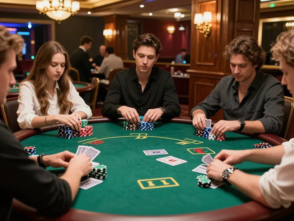 Players at a poker table enjoying a game at 388bet casino, showcasing strategy and excitement.