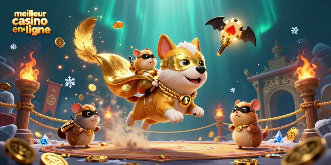 Visuel captivant du meilleur casino en ligne, avec un chien super héros et un hamster, démontrant des gains en or.