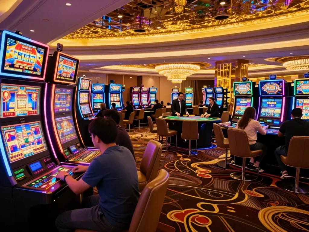 Players experiencing the excitement of slot machines at cm88-t1 casino, dynamic atmosphere with colorful lights.