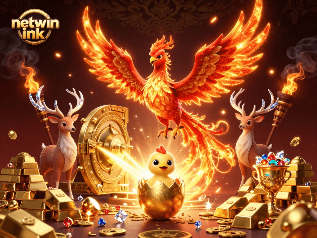 Spin into fortune with netwin ink’s vibrant phoenix-themed illustration depicting a golden treasure vault.