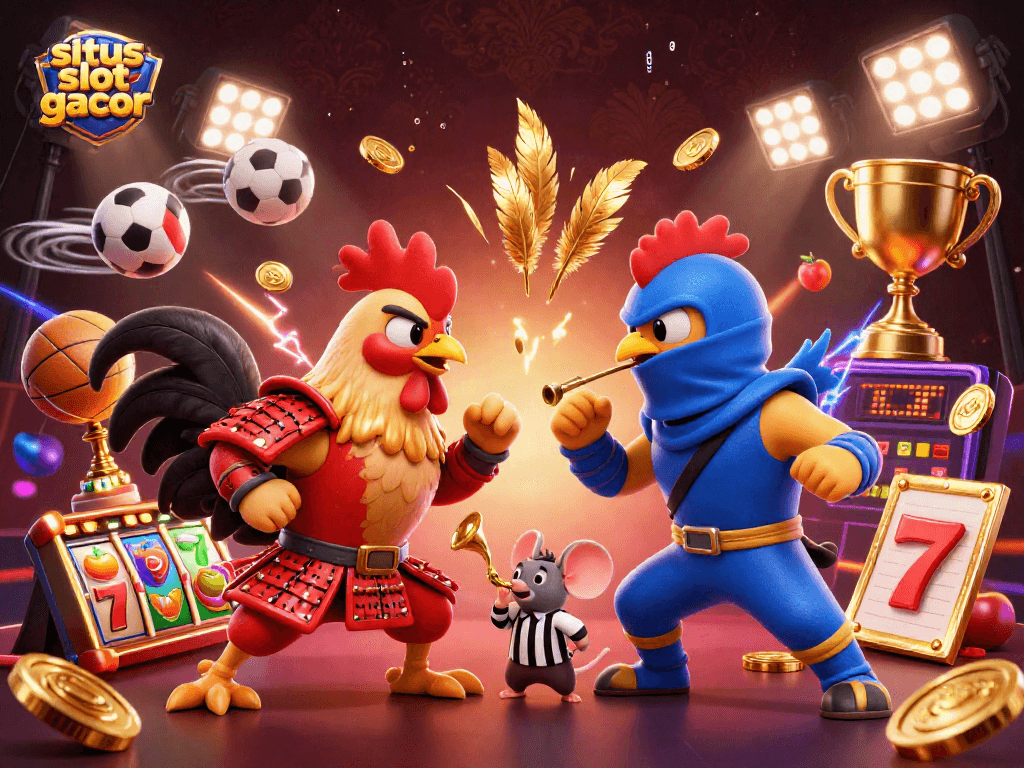 Engage with situs slot gacor’s captivating fight between rooster characters amidst dynamic slots and sports elements.