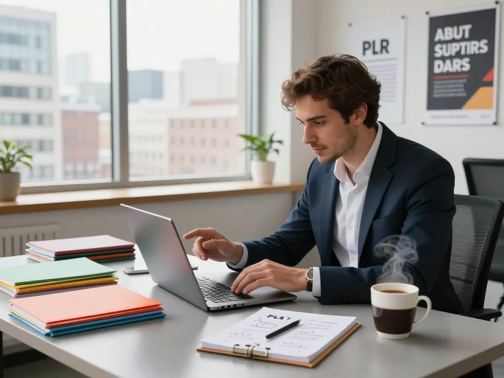 Engaged entrepreneur reviewing PLR content, symbolizing the ease of how to Purchase PLR Content for business success.