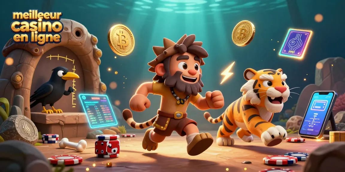 Illustration du meilleur casino en ligne avec un homme préhistorique et un tigre à dents de sabre jouant aux dés.