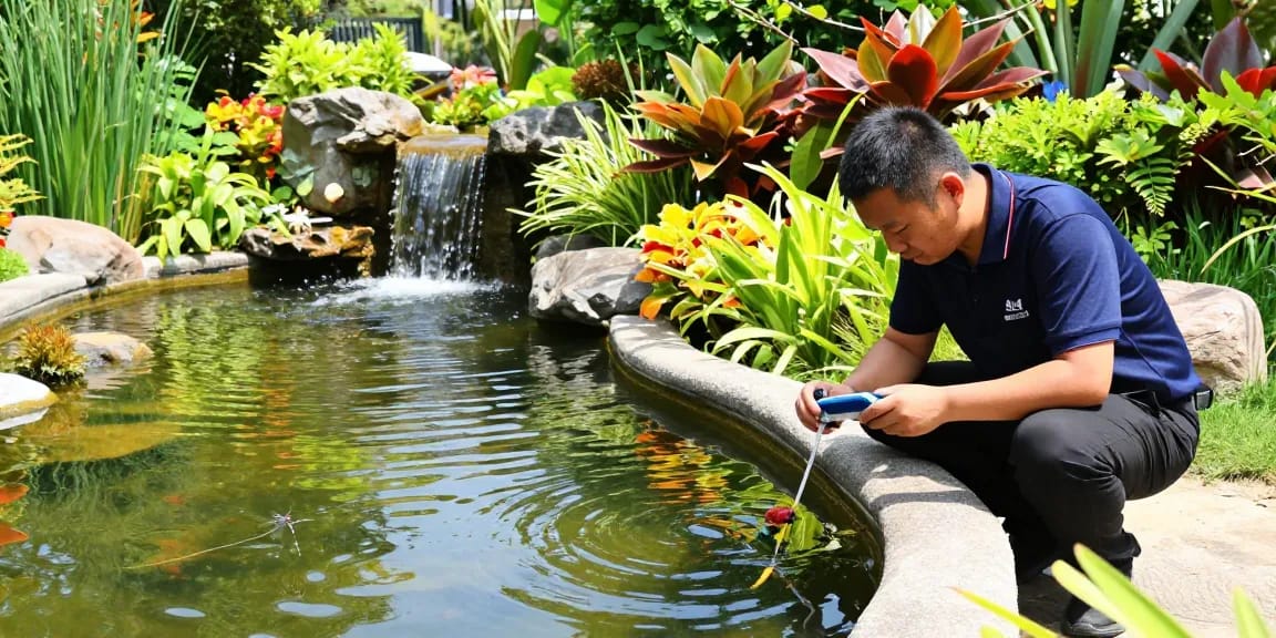 Pond specialist testing water quality in a vibrant garden pond surrounded by lush plants.