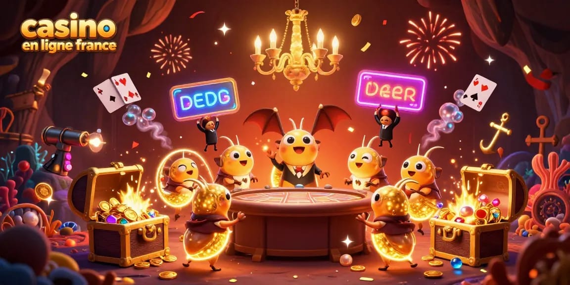 Casino en ligne France : ambiance lumineuse d'un casino sous-marin avec des vers luisants et un dealer chauve-souris.