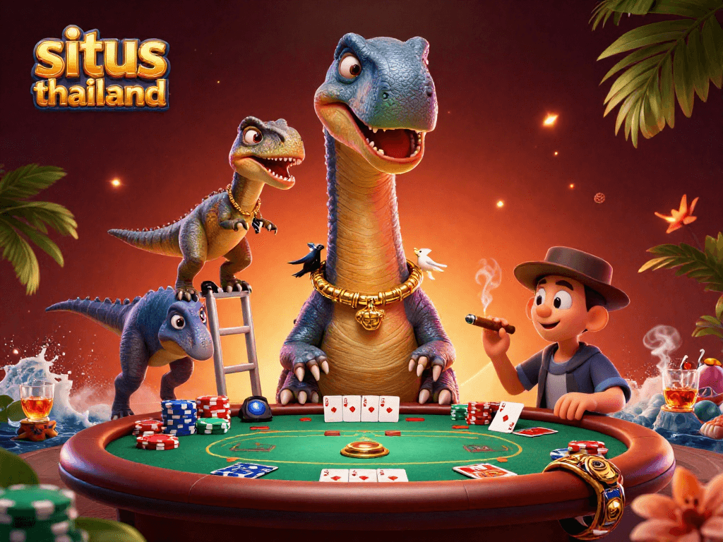 Engage in situs thailand with a playful brontosaurus at a vibrant poker table surrounded by colorful chips.