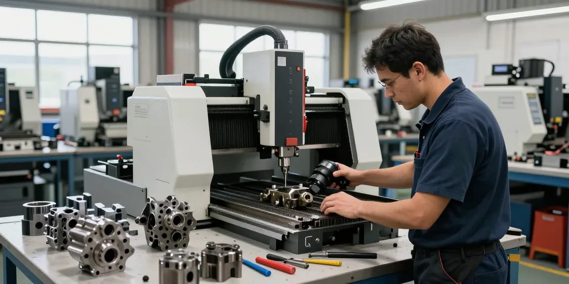 CNC machining parts being expertly crafted by a technician in a well-lit workshop, showcasing precision and industrial expertise.