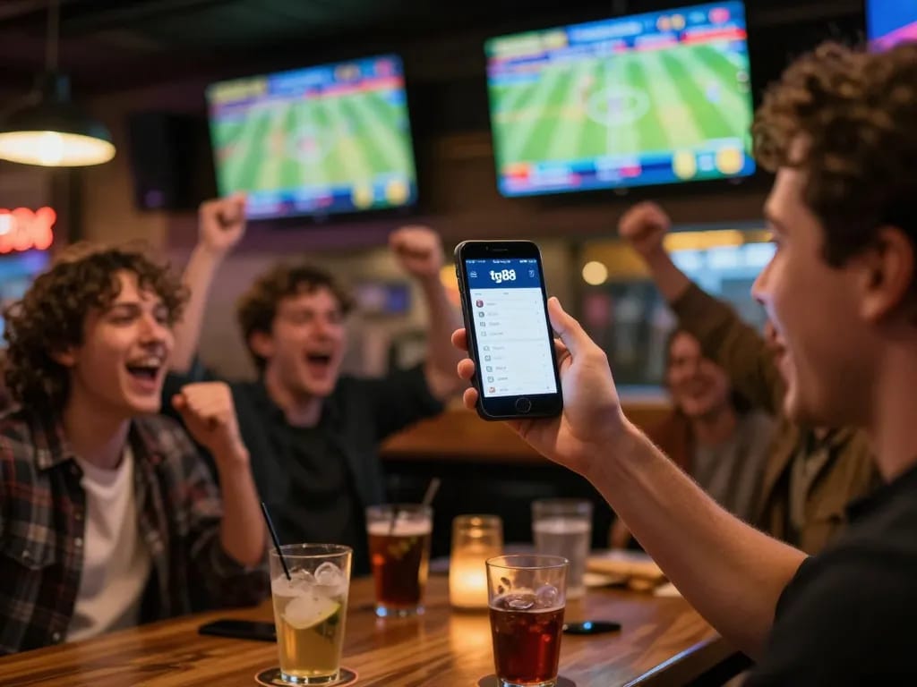Cheers to a tg88 sports betting victory at an energetic bar, showcasing excitement.