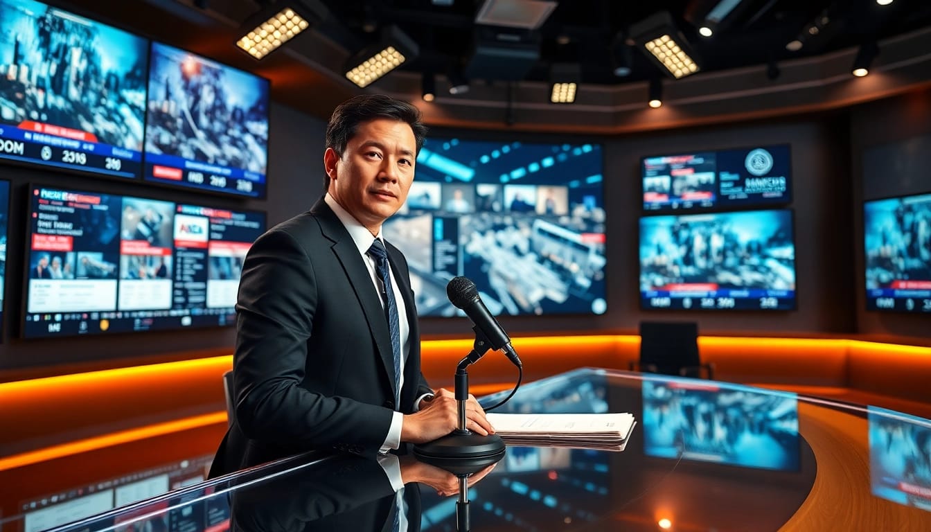 Delivering breaking news in a modern newsroom with dynamic visuals and technology.