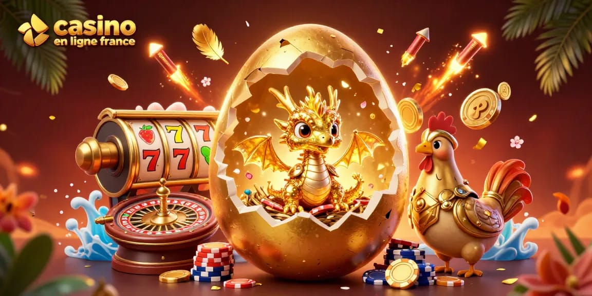 Profitez du casino en ligne France avec une scène dynamique de jeu illustrée, incluant un dragon doré et des éléments de poker.