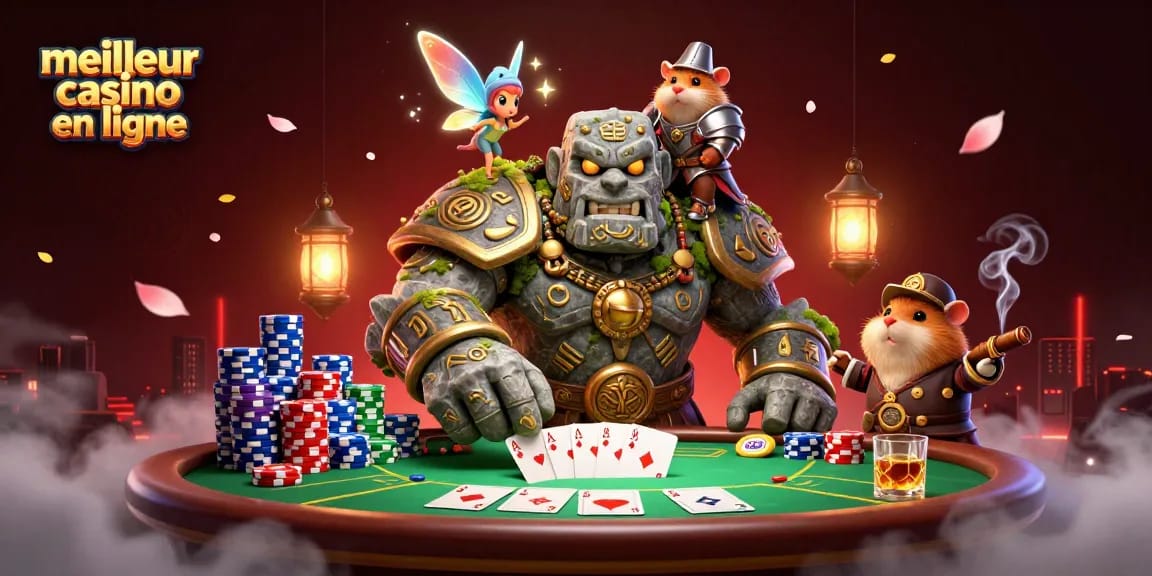 Illustration d'un golem ancien et un hamster chevalier au meilleur casino en ligne, entourés de jetons de poker.