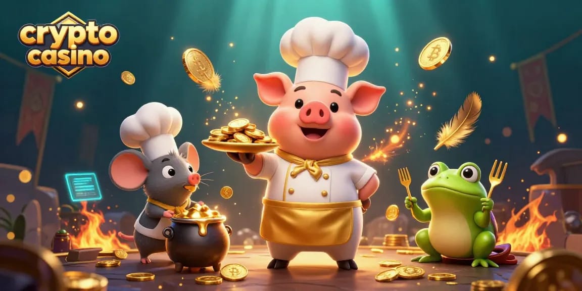 Illustration d'un casino crypto avec des personnages animés et des pièces d'or.