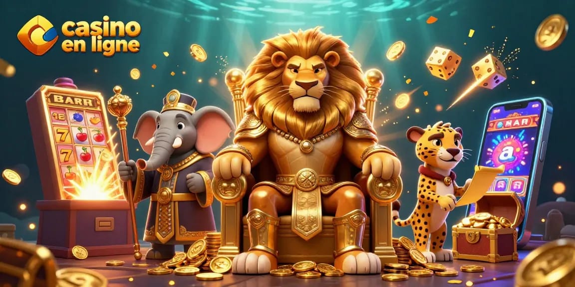 Casino en ligne : Illustration 3D dynamique avec un roi lion, un éléphant et un guépard au milieu de machines à sous et de pièces d'or.