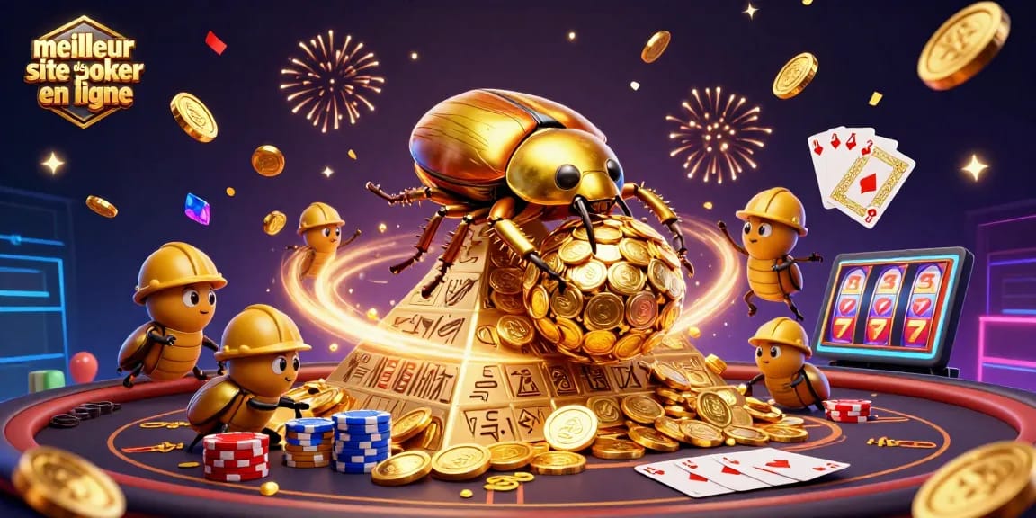 Profitez du meilleur site de poker en ligne avec des cartes de poker et des jetons colorés s'envolant autour.