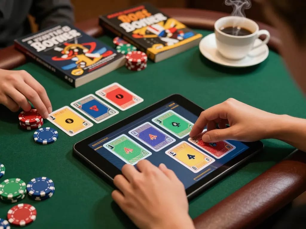 Players engaged in an online G28 poker game, showcasing strategic placements and vibrant cards on a tablet.