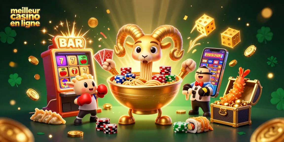 Illustration dynamique montrant le meilleur casino en ligne avec un bol de ramen géant, des cartes et des jetons